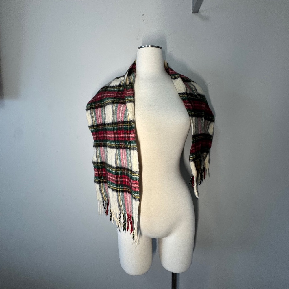 Plaid Fringe Scarf - Red, Green, White wool